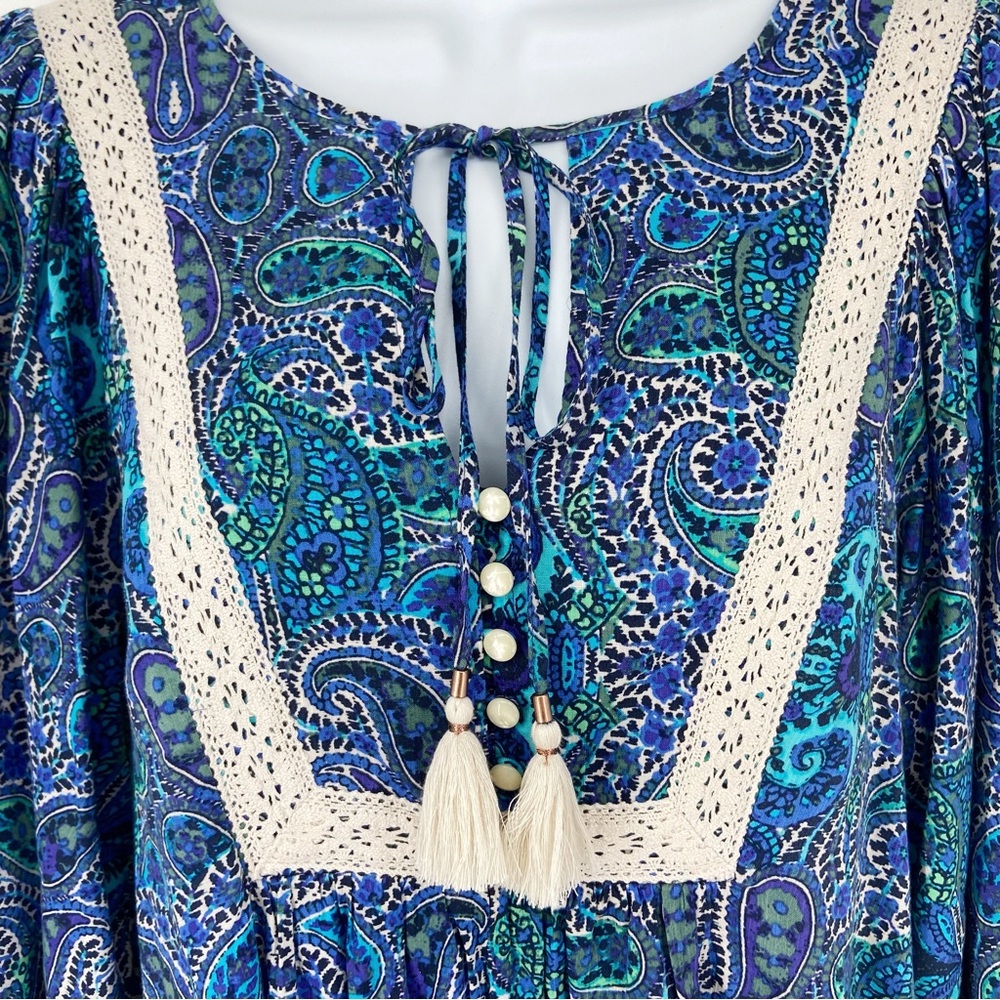 Anthropologie Lissa Boho Crochet Lace Detail Paisley Print Puff Sleeve Romper XS - Picture 5 of 16